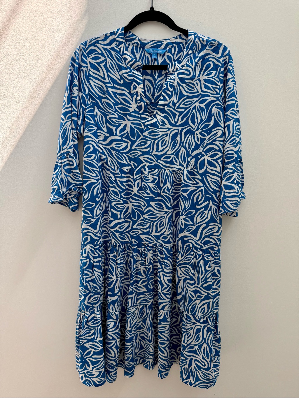 Blue Ginger Blue Leaf Print Tiered Midi Dress, Three Tiered Layers, Size S